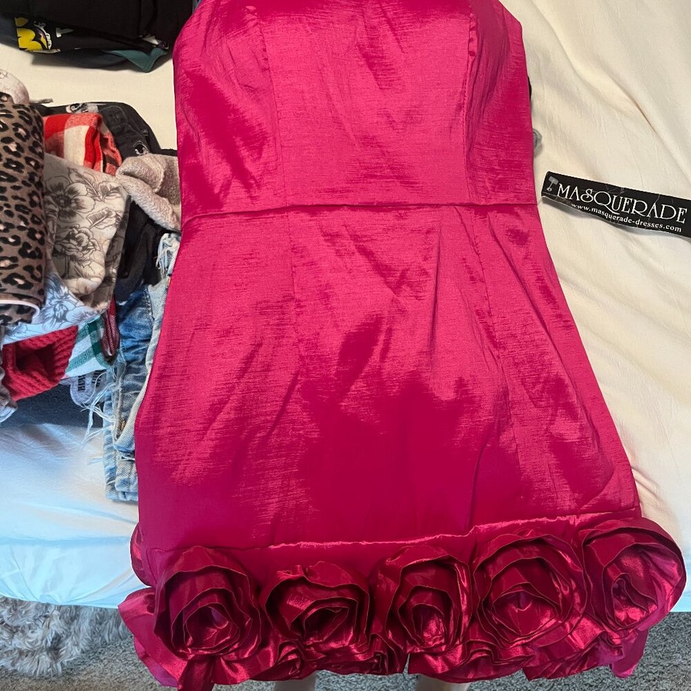 Hot pink strapless cocktail dress with rosette hem – Masquerade